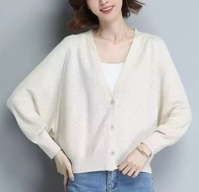 

Fashion Spring and Autumn V-neck cardigan jacket women s short versatile loose and thin bat sleeves with long-sleeved knitted top average size 53-152 білий
