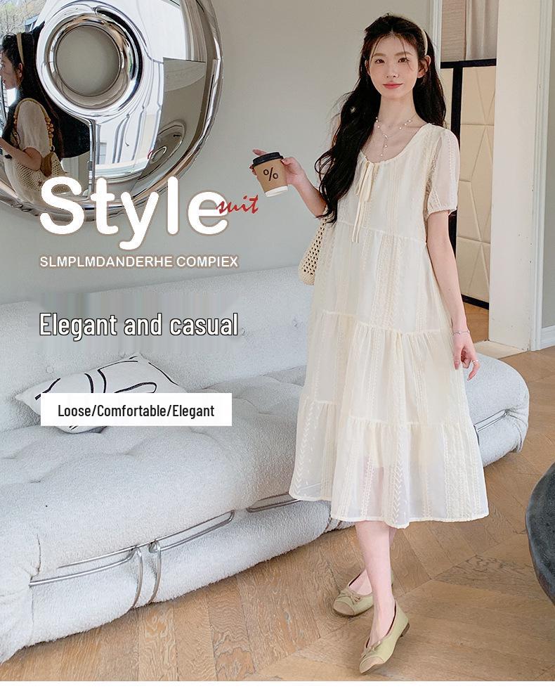 French Lace Jacquard Embroidered Maternity Summer Dress - Stylish, Mid-Length, and Trendy.