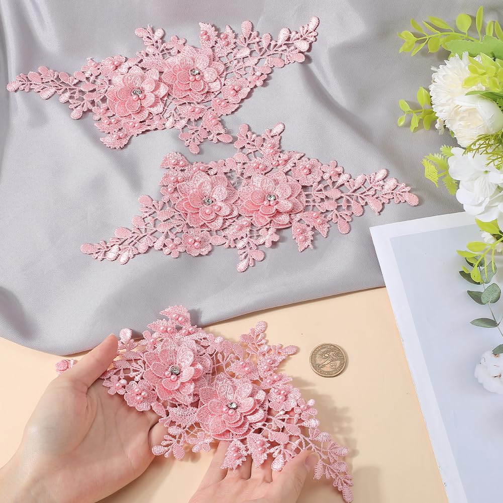 1 Pair Multicolor Flower Patches Applique Cutout Pearls 3D Rhinestone Embroidery Lace Fabric Patch Dress DIY Sewing Wedding Applique Accessories
