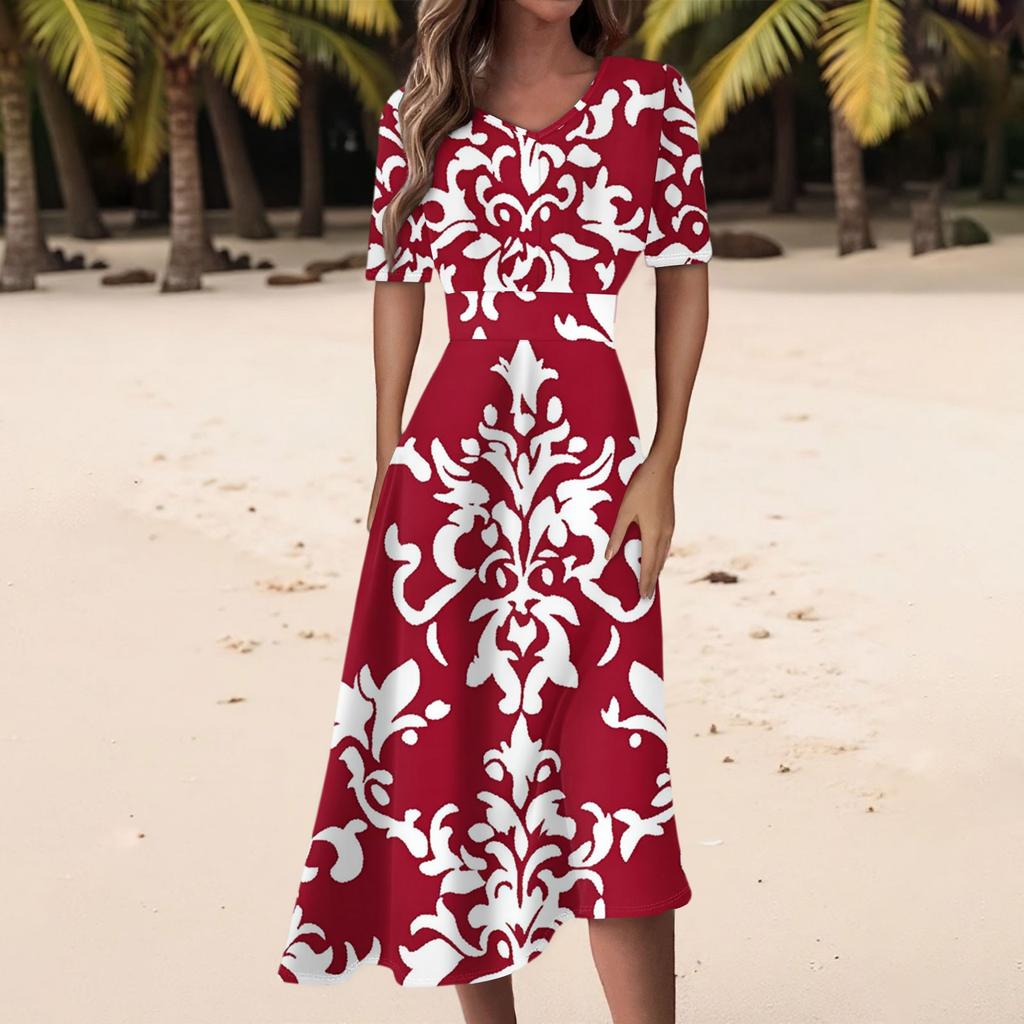 Damen Freizeitmode Kleid mit Blumendruck, V-Ausschnitt, kurzen Ärmeln und taillenlang