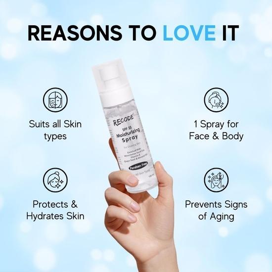 Recode Hydratační sprej 100ml | SPF 25 | Obohacený o vitamín E a mandlový olej | Hydratační sprej pro všechny typy pleti