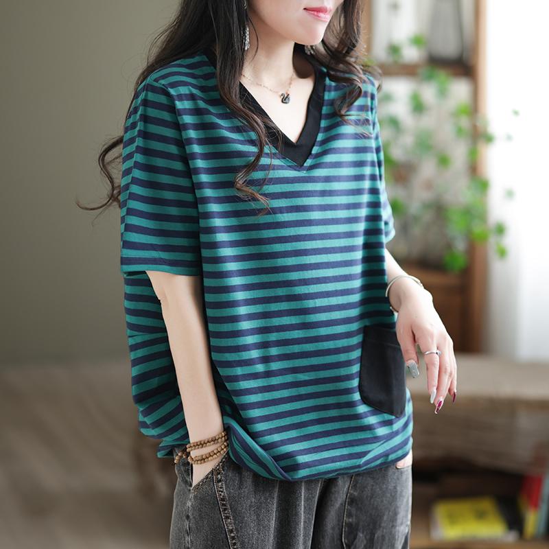 

DIMANAF 2022, женская футболка больших размеров, полосатые женские хлопковые свободные топы с v-образным вырезом и футболки с короткими рукавами, зеленый, синий L