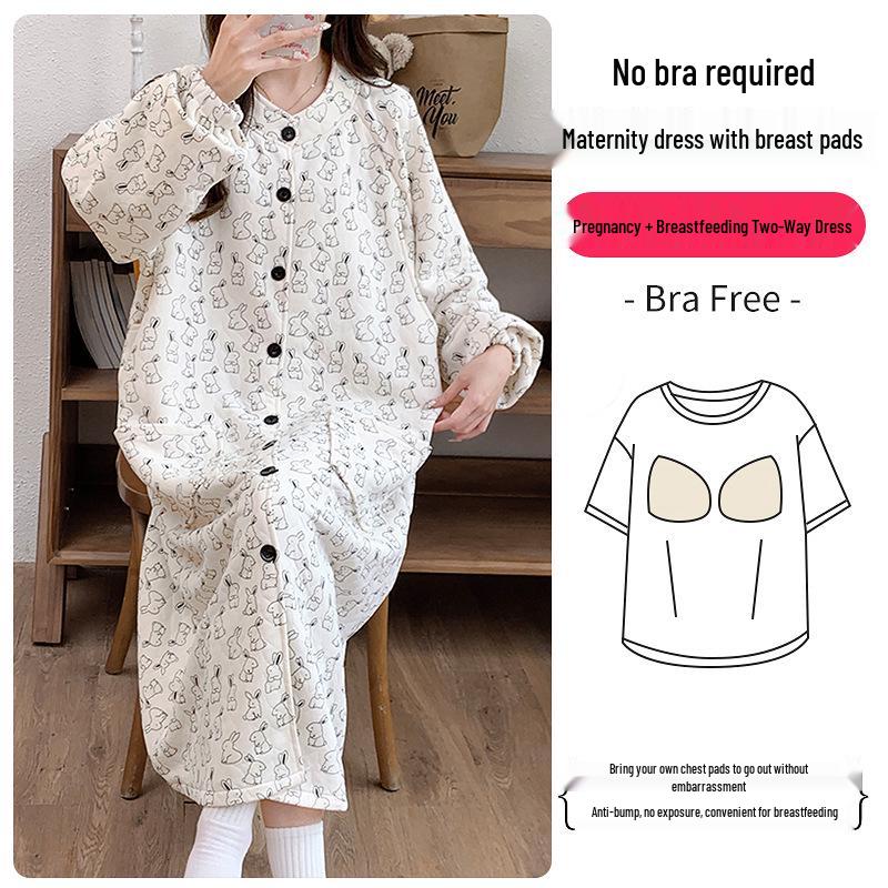 Umstandspajamakleid aus Luftbaumwolle für Herbst/Winter - Übergröße für pränatale, Krankenhaus- und postpartale/Stillzeit-Nutzung