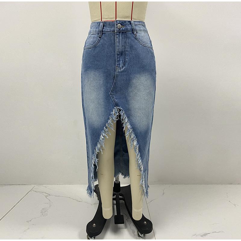 Denim Skirts Women Mid Length Skirt Slim Bodycon High Waist Button Pocket Streetwear Y2k Elegant Splice Blue Irregularity 2025