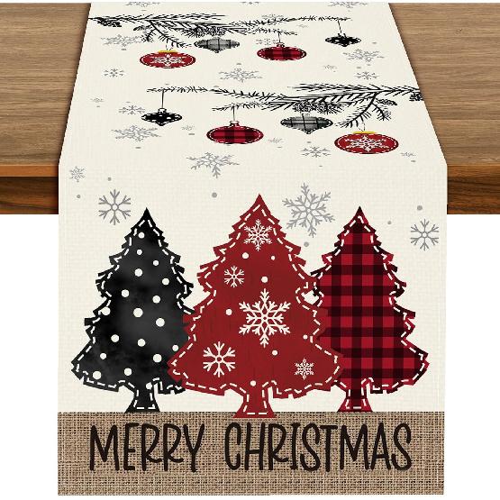 72 X 13 Inch Christmas Table Runner – Red and Black Plaid Christmas Tree and Ornament Holiday Table Decoration with Snowflakes for Dining Room,