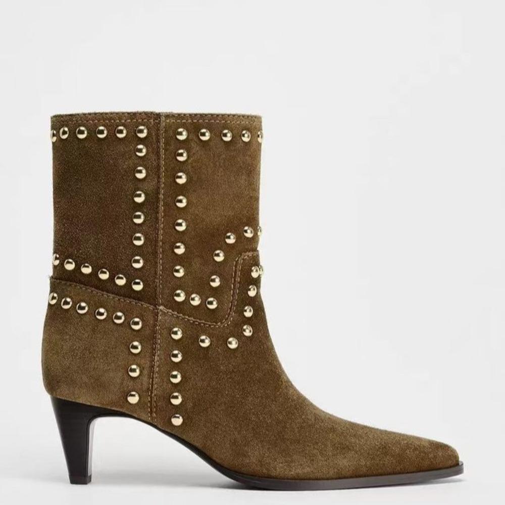 2025 Autumn New Style Rivet Pointed-Toe Mid-Heel Fashion Boots - Suede Sleeve Mid-Calf Boots