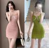 Summer V-neck Sexy Elastic Pleated Tight Body Suspender Bottom Vest Dress Pure Desire Wind Thin Hip Skirt