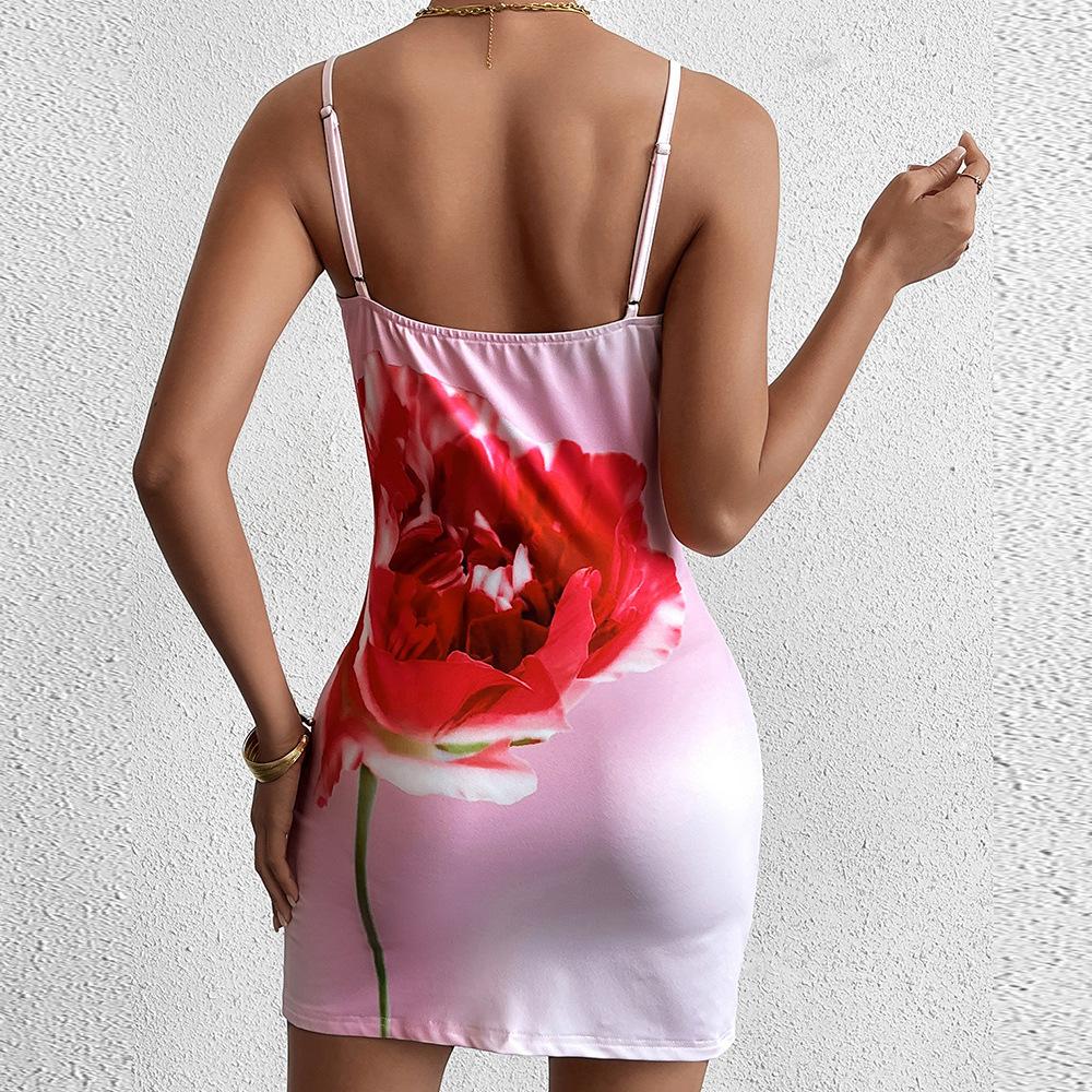 Milk silk dress, European and American sexy big rose print halter suspender hip-wrapped dress