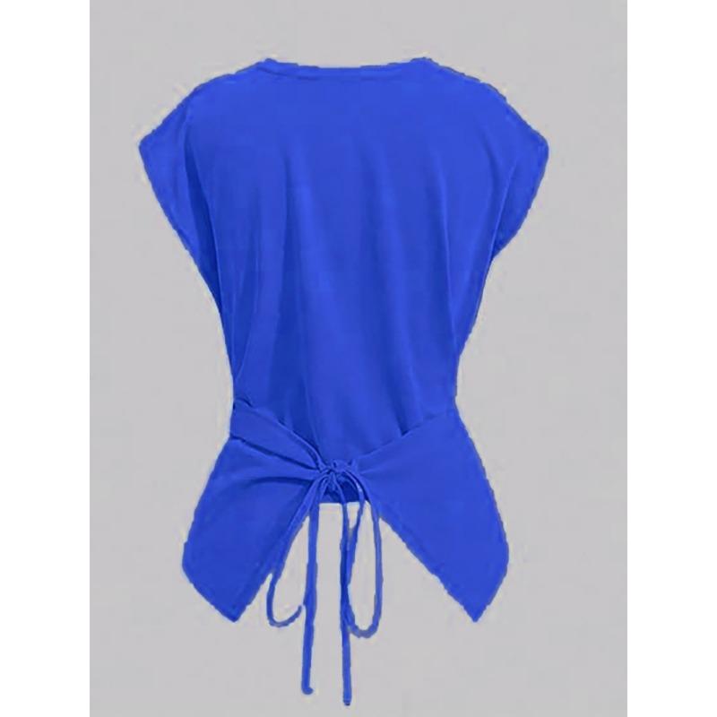 Women White Crew Neck Sleeveless Criss Cross Tie Waist Fitted Casual Blouse