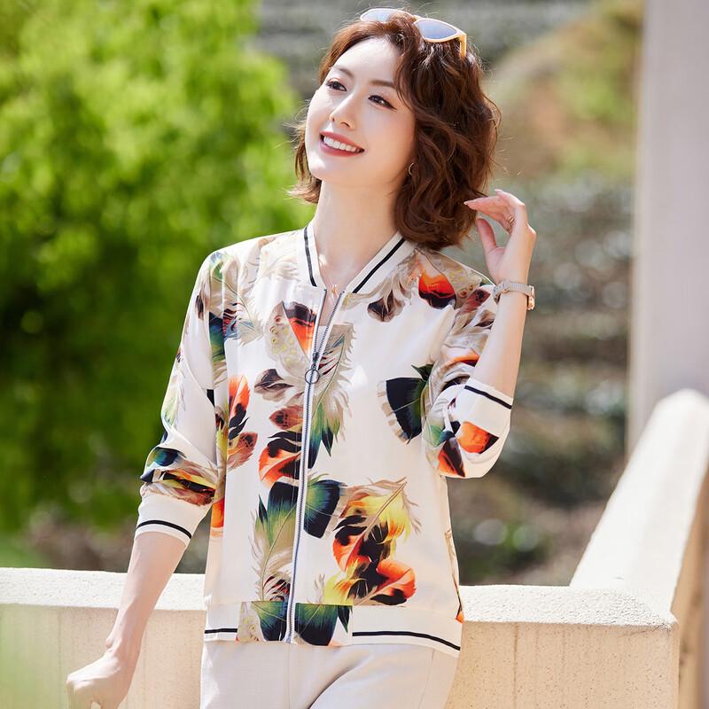 

Pasite Mid-Aged Women s Autumn Printed Chiffon Baseball Jacket 4XL