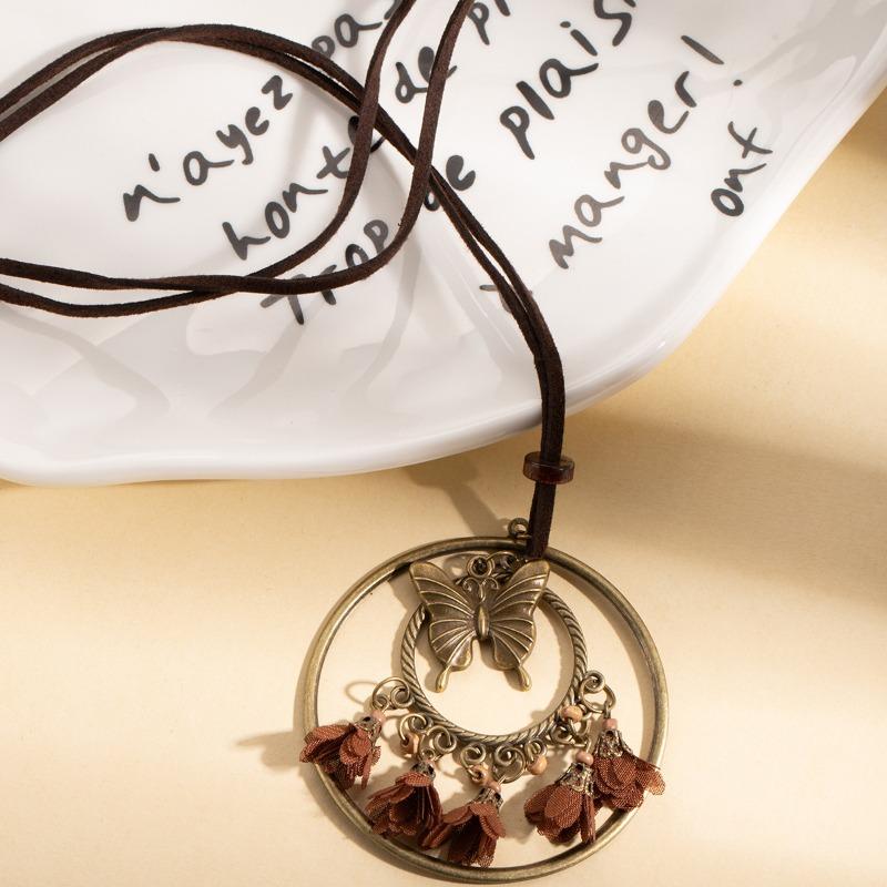 Retro Ethnic Style Personalized Sweater Chain Woven Tassel Butterfly Ring Pendant Necklace