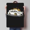 White Car Drifting With Golden Rims Tinplate Poster Customized Wall Art Vintage Metal Signs Retro Tin Plaque for Room Ornaments