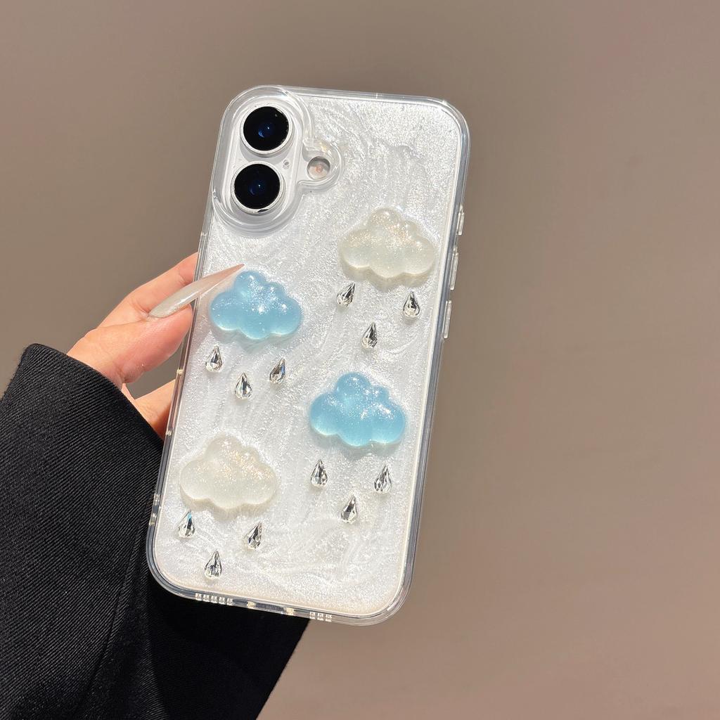 For iPhone 16 Case Cute 3D Cloud Rhinestone Decor TPU+PC Phone Cover (Precise Lens Cutouts)