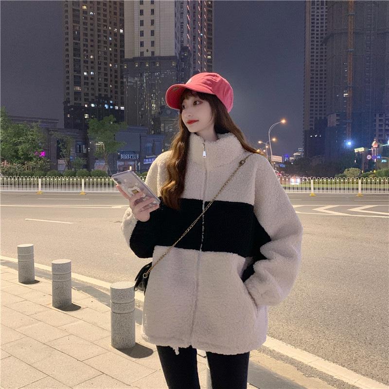 Women's Trendy Korean-Style Color Block Fleece-Lined Lambswool Long Sleeve (Autumn/Winter)