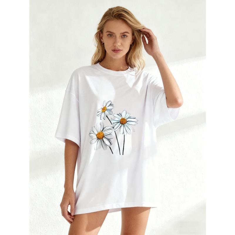 Oversized T Shirt Black Daisy Flower Print Summer Casual Wear