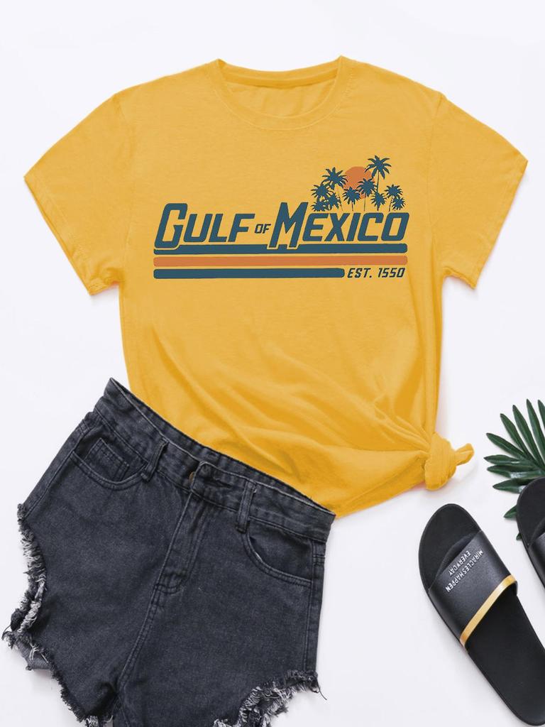 Women's French Round Neck Summer Beach Pattern T-Shirt