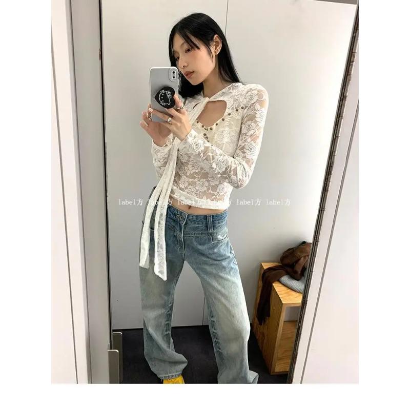 Vintage T Shirt Women Lace Lcae Up Shirt Hollow Out Y2k Tee Tops Fairycore 2000s Korean Style Tshirts Autumn Winter