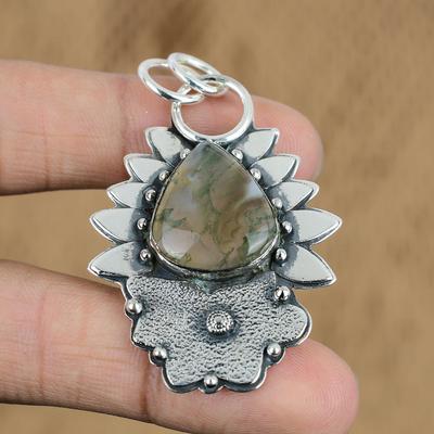 Hochzeitsgeschenk für Sie 925 Silber Natürlicher Sonnenmoos-Achat Edelstein Anhänger