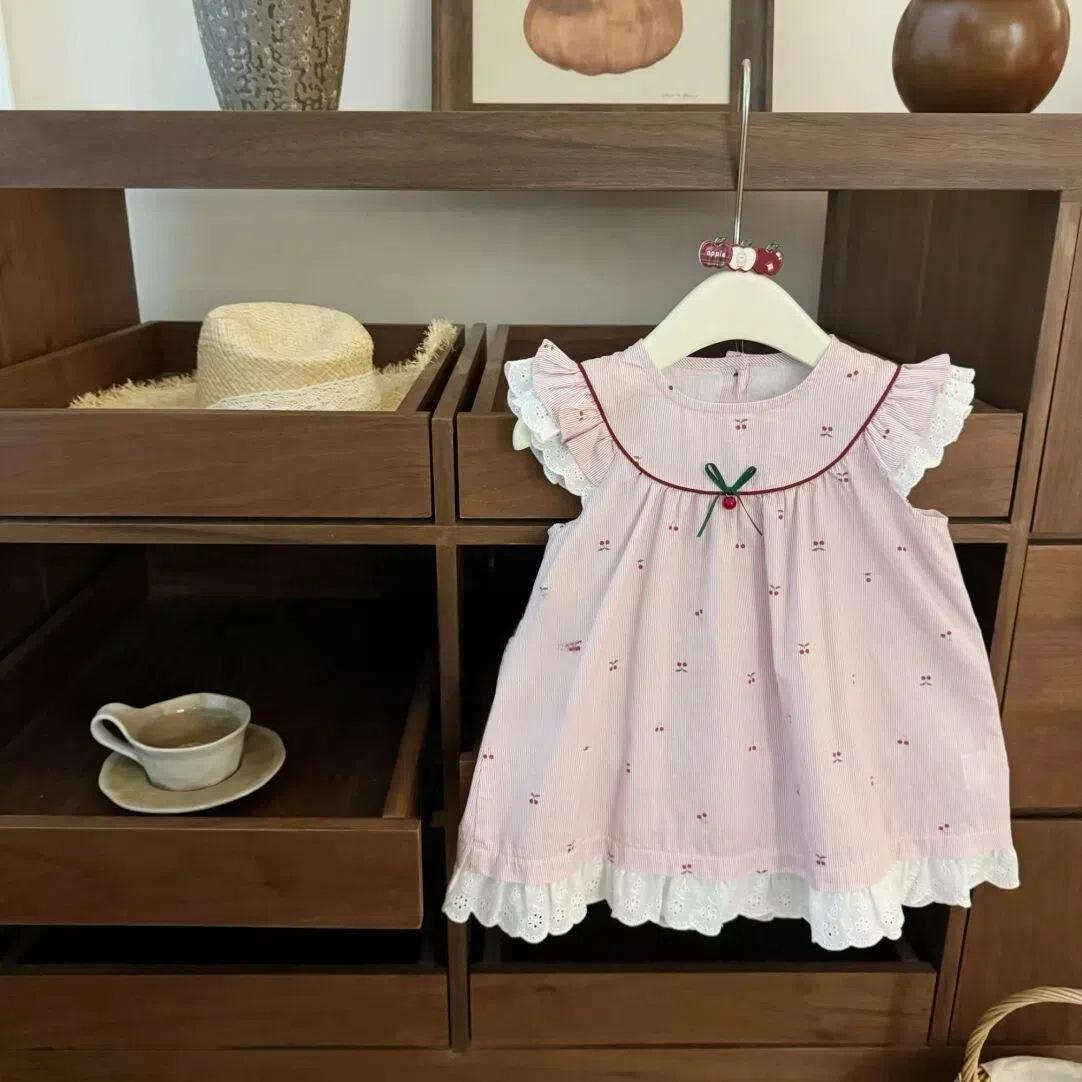 Toddler Girls Pink Striped Cherry Print Sleeveless Dress, Lace Ruffle Bow Decor Summer A-Line Kids Sundress 100cm