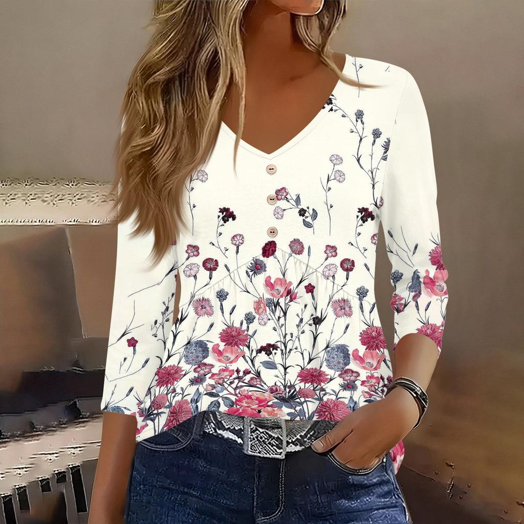 Women 3/4 Sleeve V Neck Button Detail Floral Print Tunic Top Casual Lightweight Blouse for Everyday Wear