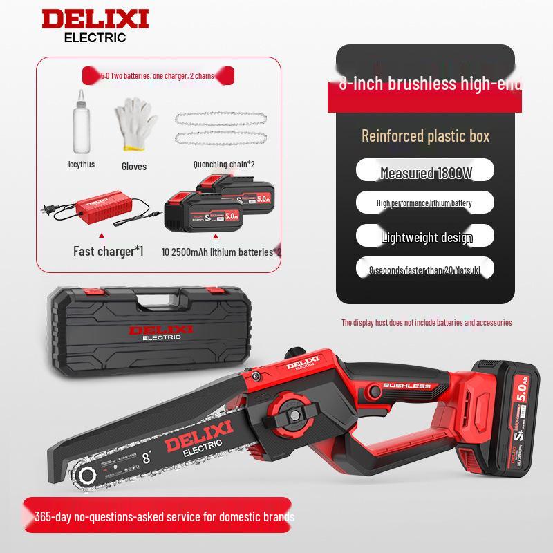 Delixi Cordless Brushless Electric Chainsaw: High-Power, Handheld Lithium Battery Saw for Home Tree Cutting.