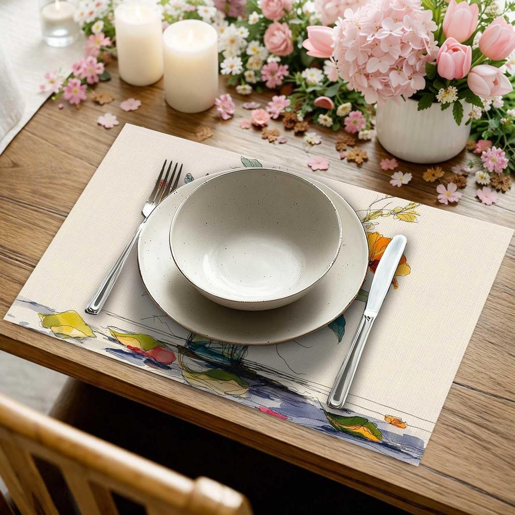 Watercolor Line Flowers Placemat Set of 4 Spring Summer Floral Placemats Seasonal Table Mats for Indoor Outdoor Home Kitchen Dining Decor Party Farmho