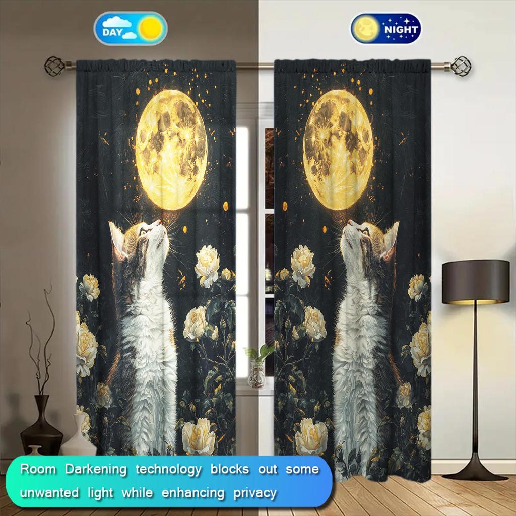 2 Panels Beautiful Cat and Moon Pattern Window Curtains - Heat-insulating   Suitable for Decorating Curtains In Various Rooms