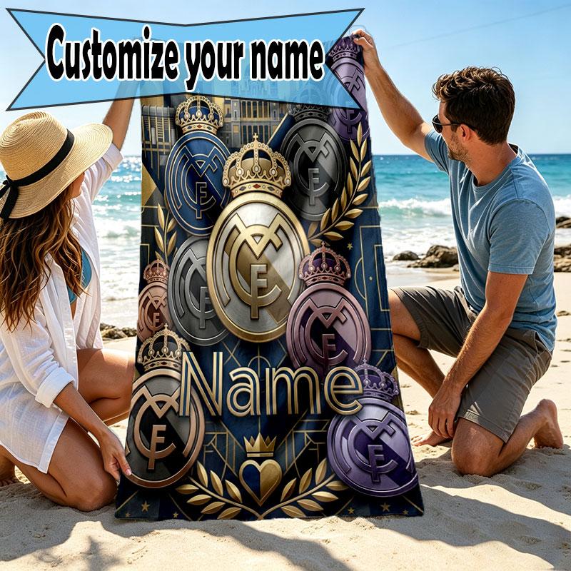 Custom Name Personalized Real Madrid CF Print Beach Towel, for Trip Camping Beach Party Home Decor, Birthday Gift for Family & Friends