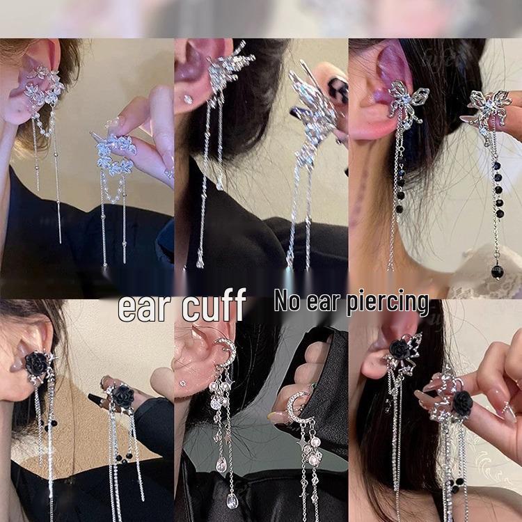 Silver Needle Hot Girl Zircon Star & Moon Tassel Ear Clips: Sweet, Cool, All-Match Non-Pierced Earrings.