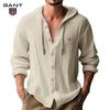 Gant Embroidery Men's Solid Color Casual Long Sleeved Shirt Hooded Drawstring Cotton and Linen Cardigan Trendy Versatile Loose Beach T-shirt