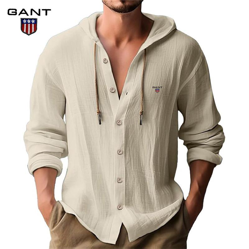 Gant Embroidery Men's Solid Color Casual Long Sleeved Shirt Hooded Drawstring Cotton and Linen Cardigan Trendy Versatile Loose Beach T-shirt
