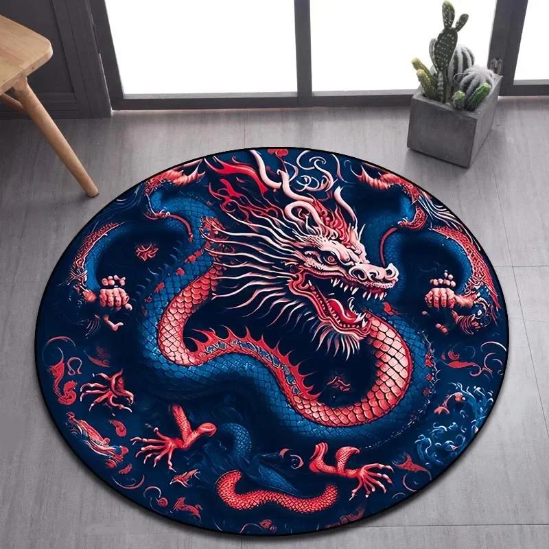 Cartoon 3D Dragon Round Area Rug – Non-Slip Floor Mat for Living Room or Bedroom – Game Room Decor, Kids Play Carpet