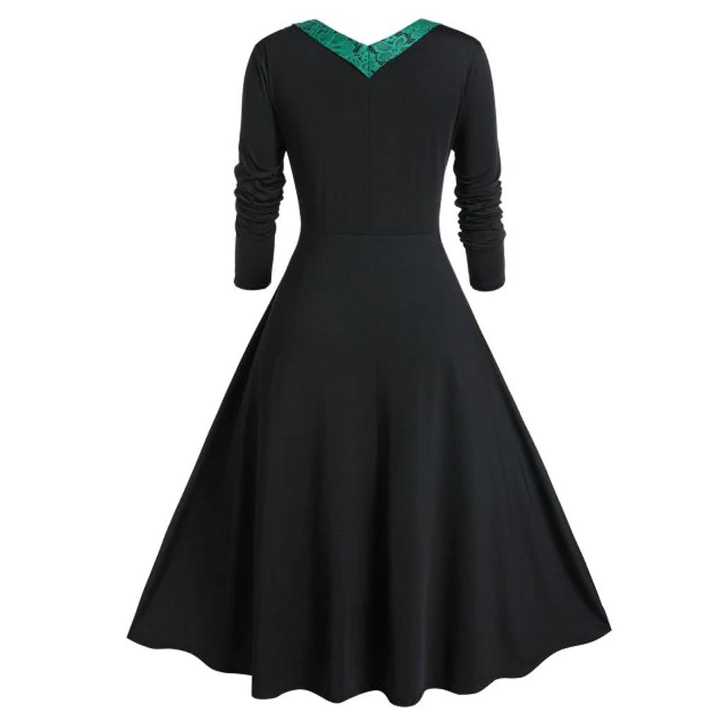 Womne Plus Size Long Sleeve Lace Panel A Line Sweetheart Neck Vintage Dress