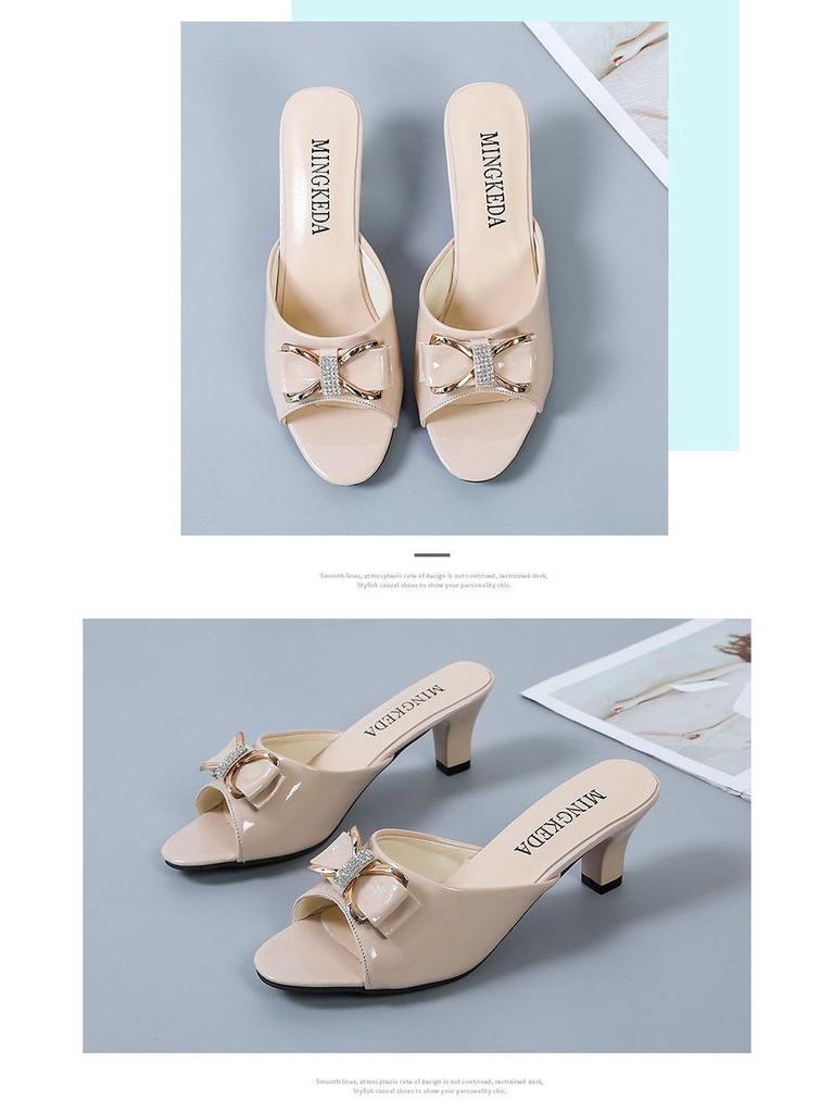 2022 Summer Mid-Heel Peep-Toe Bow Strap Stiletto Slippers for Women - Plus Size Available
