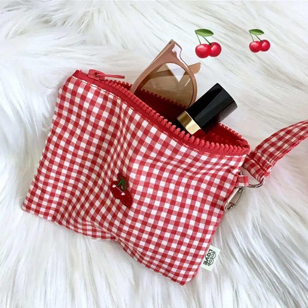 Red cherry canvas makeup bag, portable and easy to carry. Red plaid, large capacity cosmetic lipstick storage bag.