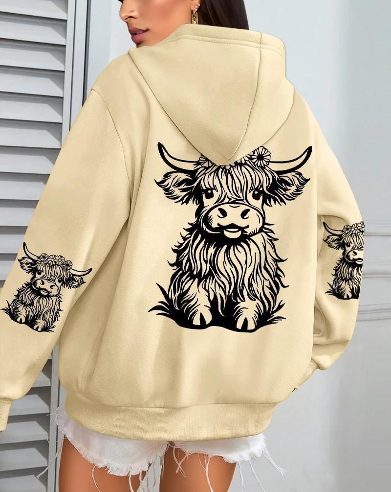 Damen, Kuh Cartoon Tier, Bedruckter Damen Hoodie Herbst Locker Lässig Tasche Fleece Pullover