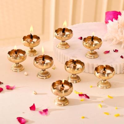 Brass Lotus Diya for Puja Set of 8 - Lotus Flower Diya for Pooja Room , Temple , Mandir, Office, Oil Lamp Diya for Home Decoration