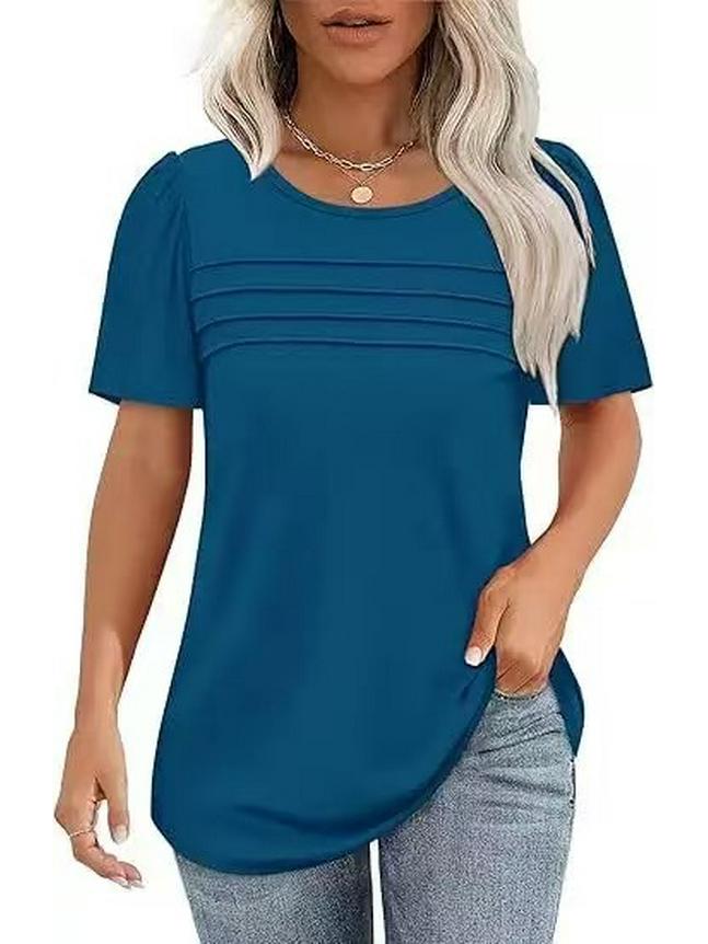 Women's Casual Pleated Loose T-shirt, Round Neck, Short Sleeve, Summer 2026 Collection