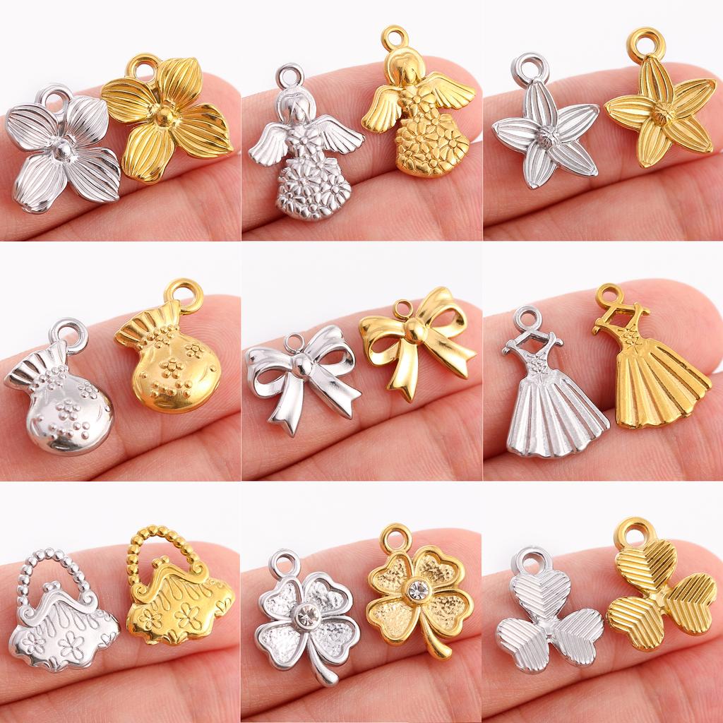 3Pcs Bowknot/Angel/Four Leaf Clover/Flower Charm Stainless Steel Pendant DIY Handmade Craft Necklace Bracelet Jewelry Making