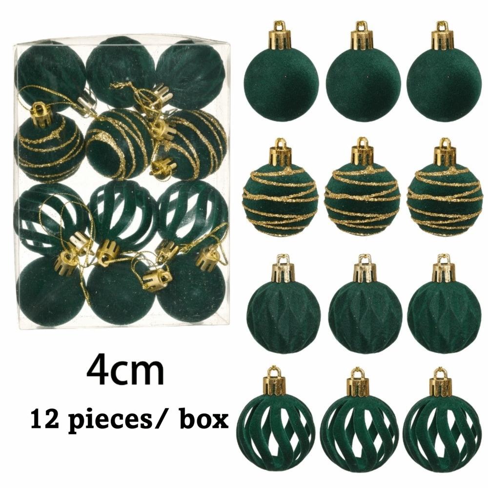 12Pcs/Box Velvet Christmas Hanging Balls DIY Crafts Painted Plastic Christmas Tree Ornament 4CM Christmas Flocked Ball Set