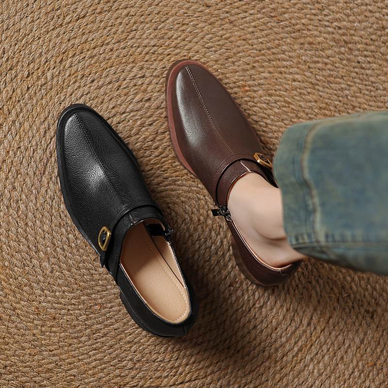 Krazing Pot Cow Skin Autumn Winter Shoes Chunky Heels Size 43 Size 42 Round Toe Zipper Deep Mouth Retro Fashion Pumps