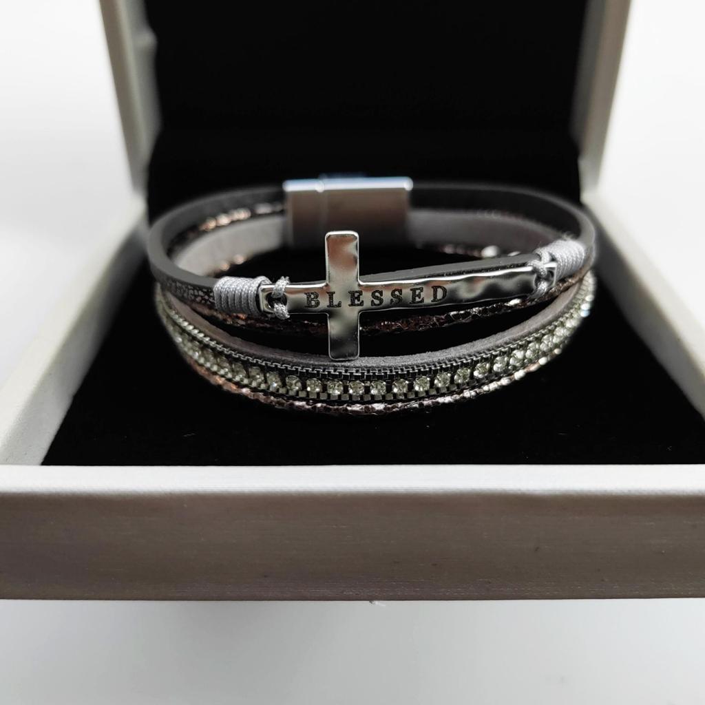 Bohemian Multi-Layer Leather Cross Bracelet with Rhinestones for Women