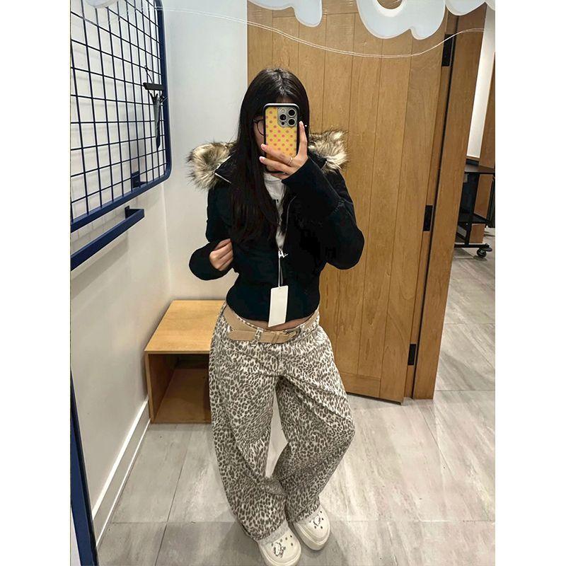 Gentle Wind Pink Fur Collar Hooded Cotton Coat for Women Winter Korean Style Thickened and Warm Short Waisted Cotton
