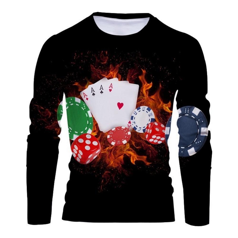 Casino Poker Print Long Sleeve T-Shirt, Stylish Casual Wear