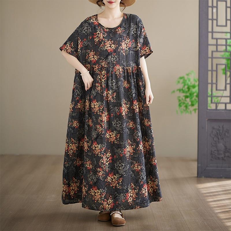 Abito floreale vintage in cotone taglie forti a maniche corte novità per donna casual ampio maxi lungo estivo