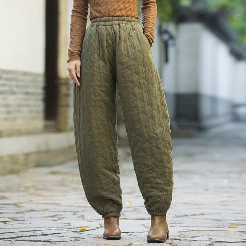 Johnature Pantaloni ocazional pentru femei, din bumbac cald, toamnă iarnă, talie elastică, culoare solidă, buzunare groase, pantaloni vintage, cu flori