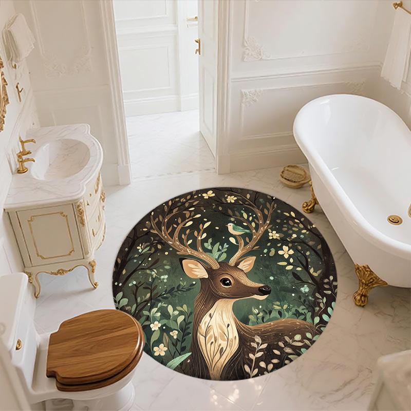 Forest Deer,Round Area Rug,Carpet Rug for Living Room Bedroom Sofa Playroom Decor,Non-slip Floor Mat