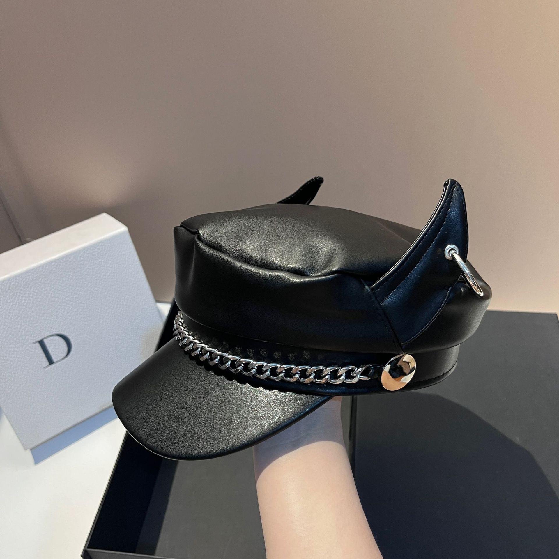 Zealous Sole Men's Black American Spice Girl Doberman Ears Navy Pu Beret Stylish Pu Leather Octagonal Hat Niche Design Street Trendy Newsboy Cap 56-58Cm