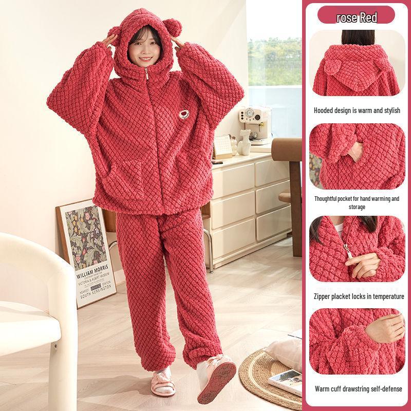 Women's Thickened Coral Fleece Hooded Pajamas - Two-Piece Zip-Up Set for Winter, Comfy Homewear or Outerwear