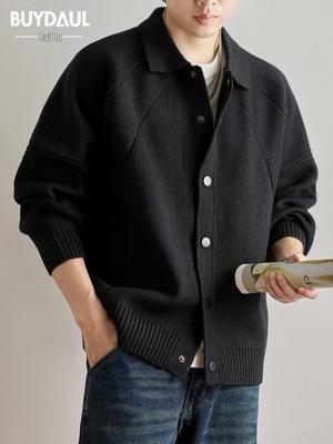 Men's Retro Heavyweight Polo Neck Cardigan Sweater - 930G, Loose Fit, Plus Size Knitwear for Autumn/Winter